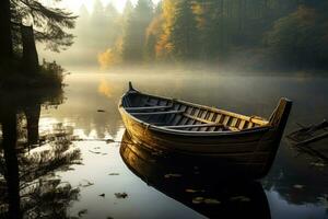 ai generado de madera barco en un tranquilo lago ,canoa en el lago en el otoño bosque. hermosa paisaje ai generado foto