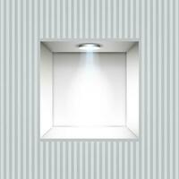 Empty white niche in the wall with lights on striped wall, vector illustration