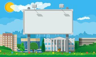 Empty urban big board or billboard with lamp. Blank mockup. Marketing and advertisement. Cityscape background with buildings, sky and clouds. Vector illustration in flat style