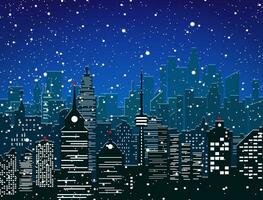 Winter city silhouette, office and residental buildings, falling snowflakes. sky. Christmas and new year, winter urban cityscape vector illustration