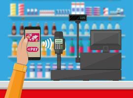 Pos terminal confirms payment by smartphone. Supermarket interior. Cashier counter workplace. Shelves with products. Cash register and keypad. Vector illustration in flat style