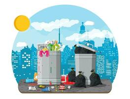 Plastic garbage bin full of trash. Overflowing garbage, food, rotten fruit, papers, containers and glass. Garbage recycling and utilization equipment. Waste management Vector illustration flat style