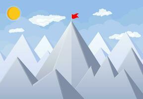Flag on peak of mountain. Business success, target, triumph, goal or achievement. Winning of competition. Rocky mountains, sky with clouds and sun. Vector illustration in flat style.