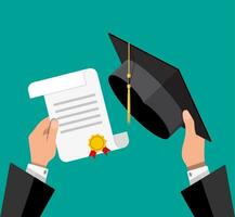 Concept of education. Graduation hat and diploma with stamp and ribbon in hands of student. Vector illustration in flat style