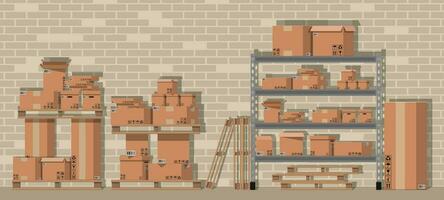 Pile cardboard boxes on warhouse shelves. Carton delivery packaging open and closed box with fragile signs. Brick wall. Vector illustration in flat style