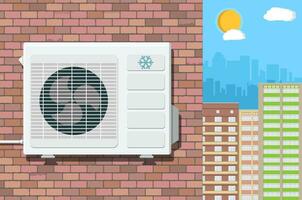 Air conditioning external unit on the wall of red brick building. cityscape as background. vector illustration in flat style