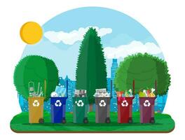 ecológico estilo de vida concepto. lata envase, bolso y Cubeta para basura. reciclaje y utilización equipo, basura segregación. urbano paisaje urbano con arboles verde ciudad. vector ilustración plano estilo