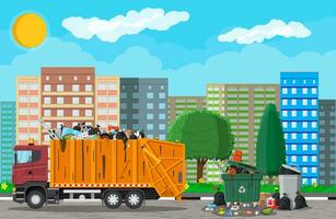 Truck for assembling, transportation garbage. Car waste disposal. Can container, bag and bucket for garbage. Recycling and utilization equipment. Urban cityscape. Vector illustration in flat style