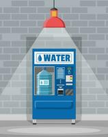 Automatic vending machine with clean drinking water. Big plastic bottle with pure water. Brick wall and lamp. Vector illustration in flat style