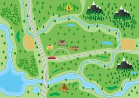 Suburban map with houses with car, trees, road, river, mountain and camp. Village. Vector illustration in flat style
