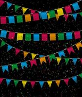 Color pennant bunting collection triangular and square red, yellow, blue, green, orange colors in night with color confetti around, vector iilustration. for web design. greeting card, party