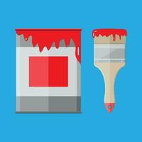 Metal tin can with red paint and paintbrush. vector illistration in flat style on blue background