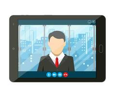 Tablet pc with internet conference app. Director communicates with staff . Online meeting, video call, webinar or training. Vector illustration in flat style