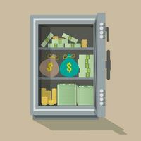 Safe front view. Opened silver metallic safe with money inside, gold coins, stacks of dollar cash, bags with money.vector illustration in flat design on brown background vector