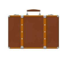 Vintage old travel suitcase. Leather retro bag. Brown briefcase with belts. Travel baggage and luggage. Vector illustration in flat style