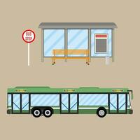 autobús detener con asientos y verde ciudad autobús. vector ilustración en plano diseño en marrón antecedentes