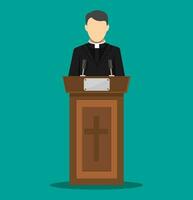 Priest giving speech from tribune. Catholic preacher person. Pastor servant of god in cassock. Vector illustration in flat style