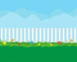 Summer nature landscape with plants and fence. Vector illustration in flat style