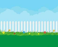 Summer nature landscape with plants and fence. Vector illustration in flat style