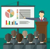 projector screen with chart pie and lecturer do presentation to other business people. Training staff, meeting, report, business school. vector illustration in flat style