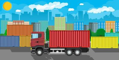 Cargo delivery truck with metal container. Shipping and delivery of goods. Car for transport. Trailer vehicle in city. Cityscape with trees, building and sky. Vector illustration in flat style