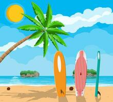 Landscape of palm tree on beach. Sun with reflection in water and clouds. Modern surfboard. Day in tropical place. Vector illustration in flat style