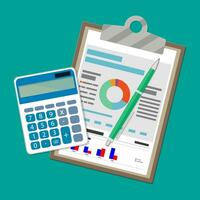 Spreadsheet concept. clipboard with financial reports, calculator and pen. vector illustration in flat design