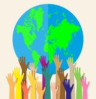 Group of hands of different colors and globe. people of the world. cultural and ethnic diversity. vector illustration in flat style on white background