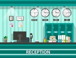 Interior of modern reception, computer, keypad, safety boxes, clocks, document paper, pen, service bell. Hotel hostel guesthouse lobby, tourism concept. Vector illustration in flat design