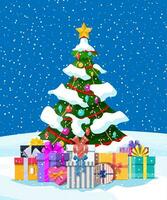 Navidad árbol decorado con vistoso pelotas, guirnalda luces, dorado estrella. un montón de regalo cajas abeto, hojas perennes árbol. saludo tarjeta, festivo póster. nuevo año. vector ilustración en plano estilo