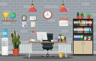 Office building interior. Desk with computer, chair, lamp, books and document papers. Water cooler, tree, clocks, calendar, cup. Modern business workplace Vector illustration in flat style