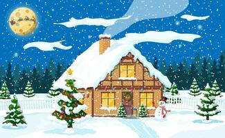 Suburban house covered snow. Building in holiday ornament. Christmas landscape tree, snowman, santa sleigh reindeers. New year decoration. Merry christmas holiday xmas celebration. Vector illustration