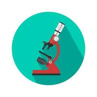 Red microscope icon. Vector illustration in flat style