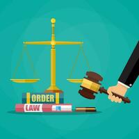 Hand with judge wooden gavel, law and oreder book and golden scales. Justice concept. Vector illustration in flat style on green background