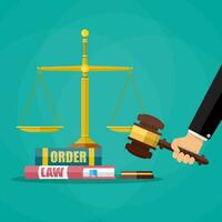 Hand with judge wooden gavel, law and oreder book and golden scales. Justice concept. Vector illustration in flat style on green background