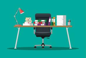 Pile of paper documents and file folders on office table. Paper stacks. Bureaucracy, paperwork, office. Chair, desk. Vector illustration in flat style