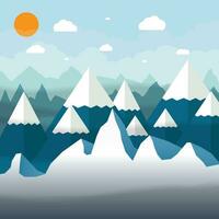 abstract landscape with snowy mountains, sky with clouds and sun. Vector illustration in flat design