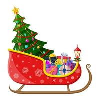 Santa claus sleigh with gifts boxes with bows and christmas tree. Happy new year decoration. Merry christmas holiday. New year and xmas celebration. Vector illustration in flat style