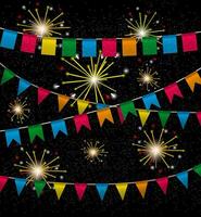 Color pennant bunting collection triangular and square red, yellow, blue, green, orange colors in night with color firework around, vector iilustration. for web design. greeting card, party