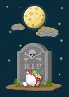 Tombstone with skull and crossed bones. Old gravestone with cracks and R.I.P inscription. Flowers, moon, stars and clouds. Cemetery, death, funeral, grave. Vector illustration in flat style