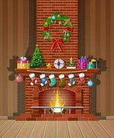 Red brick classic fireplace with socks, christmas tree, candle balls gifts and wreath. Happy new year decoration. Merry christmas holiday. New year and xmas celebration. Vector illustration flat style
