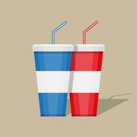 Red and blue paper cups for soft drinks with drinking straw, Vector illustration in flat design on brown background