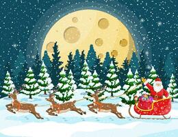 Christmas background. Santa claus rides reindeer sleigh. Night winter landscape with fir trees forest, fullmoon and snowing. New year celebration. New year xmas holiday. Vector illustration flat style