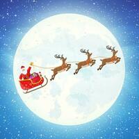 Santa claus on sleigh full of gifts and his reindeers with moon in sky. Happy new year decoration. Merry christmas holiday. New year and xmas celebration. Vector illustration in flat style