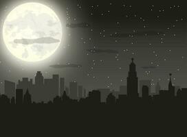 silueta de el ciudad con nublado noche cielo, estrellas y lleno Luna. vector ilustración