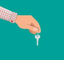 Hand and Metal key with ring in flat style. vector illustration