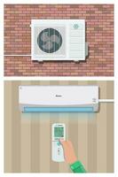 Air conditioner system. hand with remote control, internal and external units on wall. vector illustration in flat style