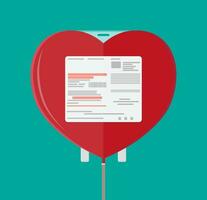 Blood bag in heart shape. Blood donation day concept. Human donates blood. Vector illustration in flat style.