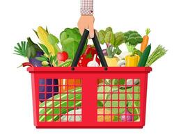 Plastic shopping basket full of vegetables in hand. Farming fresh food, organic agriculture products. Onion, cabbage, pepper, pumpkin, cucumber, tomato other vegetables. Vector illustration flat style