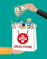 White shopping bag with different medical pills and bottles in hand. Healthcare and shopping, pharmacy, drug store. Hand with money, delivery. Vector illustration in flat style